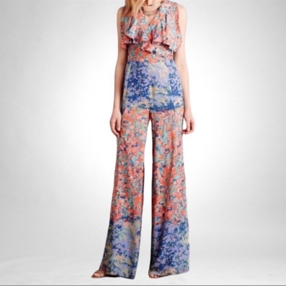 Tracy Reese 100% Silk Surplice Wide Leg Patchwork Manrolla Jumpsuit SZ 0 - Picture 1 of 10